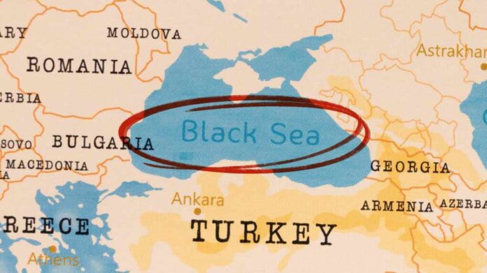 Black,Sea,Marked,With,Red,Circle,On,Realistic,Map.