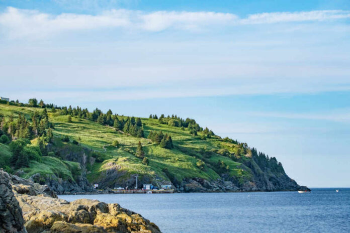 Coastal landscape featuring green hills and a rocky shore under a blue sky