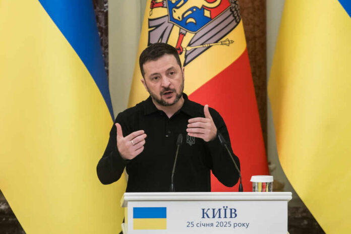 Ukrainian leader delivering a speech at a podium with national flags in the background