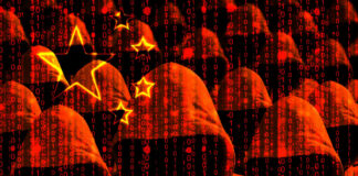 Abstract representation of hackers with binary code in a red and black color scheme