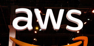 AWS logo displayed prominently at a technology event