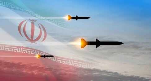 Missiles launching against a backdrop of the Iranian flag