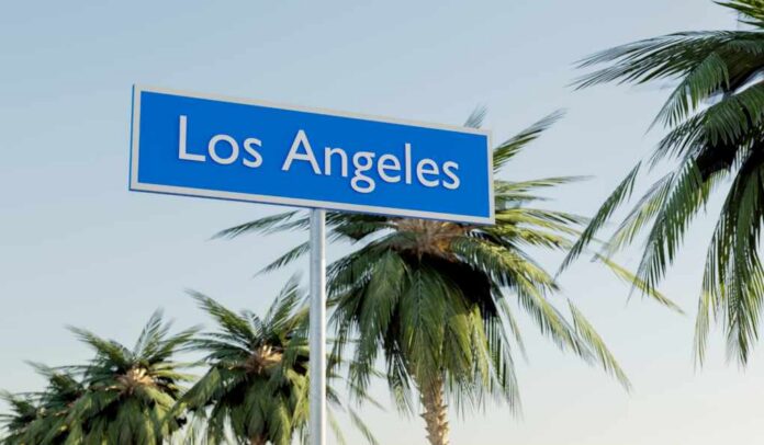 Sign indicating Los Angeles with palm trees in the background
