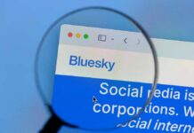 Close-up view of a website titled 'Bluesky' with text about social media