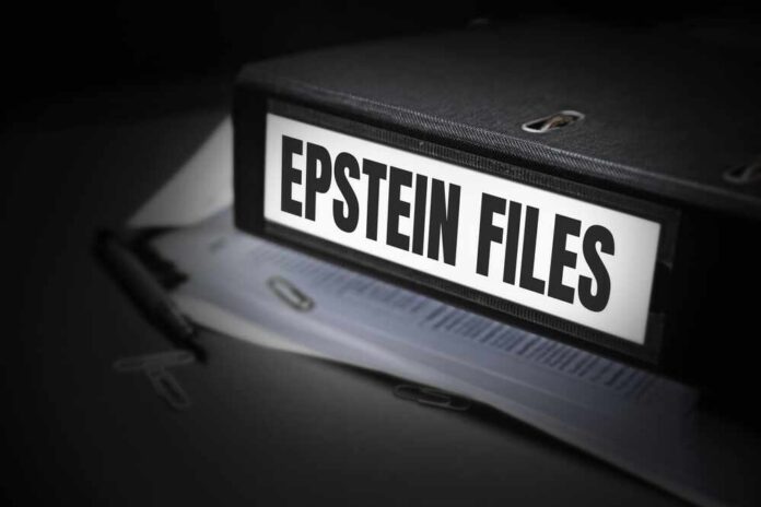 shutterstock_2703757573.jpg A black binder labeled 'Epstein Files' with papers and a pen beside it