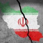 Map of Iran with the national flag displayed, featuring a crack through it