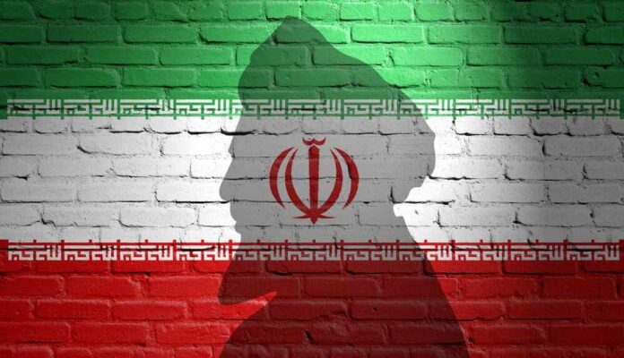 shutterstock_2745147177.jpg Silhouette of a figure against the Iranian flag painted on a brick wall