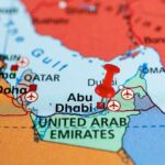 Map highlighting Abu Dhabi in the United Arab Emirates with a red location pin