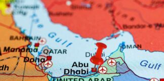 Map highlighting Abu Dhabi in the United Arab Emirates with a red location pin