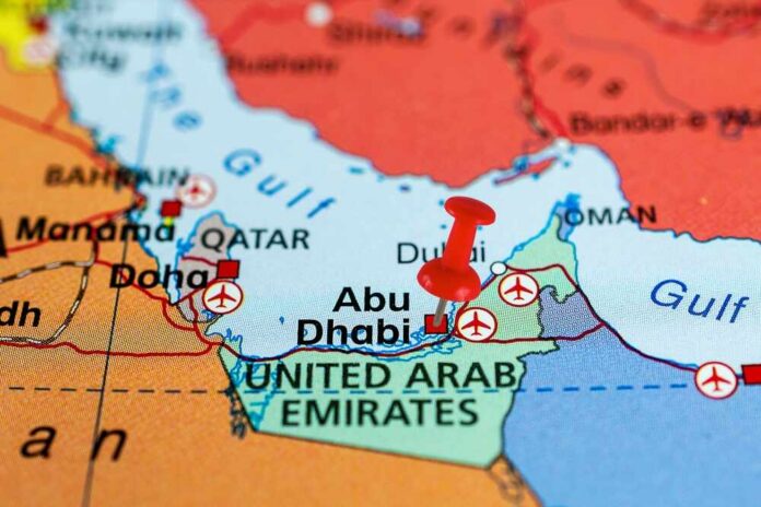 Map highlighting Abu Dhabi in the United Arab Emirates with a red location pin