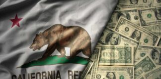 California state flag featuring a bear overlaid on a background of U.S. dollar bills