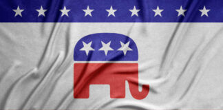 A textured fabric featuring the Republican Party elephant logo in red, surrounded by stars and stripes in blue and white