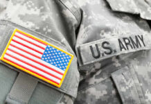 Close-up of a U.S. Army uniform with an American flag patch