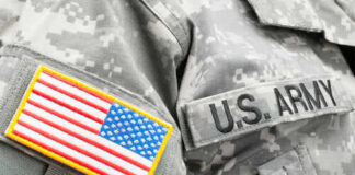Close-up of a U.S. Army uniform with an American flag patch
