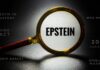 Magnifying glass focusing on the word 'EPSTEIN' with related text around it