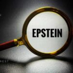Magnifying glass focusing on the word 'EPSTEIN' with related text around it