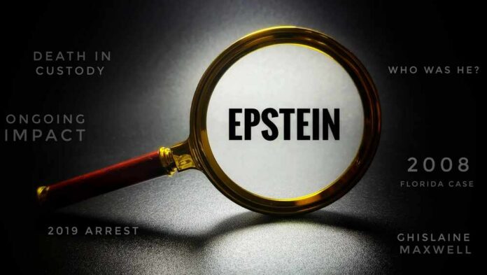 Magnifying glass focusing on the word 'EPSTEIN' with related text around it