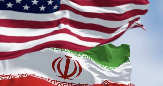 Flags of the United States and Iran waving together