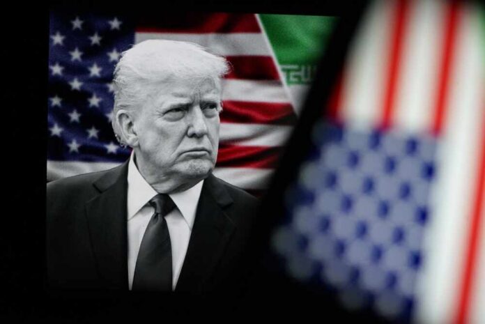 Donald Trump in front of an American flag, displaying a serious expression