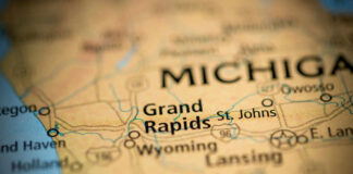 Close-up of a map showing Grand Rapids and surrounding areas in Michigan
