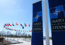 NATO flags displayed in front of the NATO headquarters under a clear blue sky
