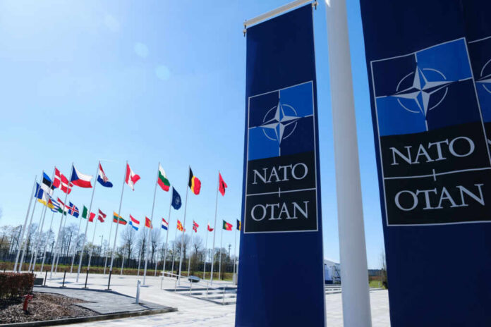 NATO flags displayed in front of the NATO headquarters under a clear blue sky