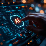 AI Deepfakes Drain Billions: Banks Helpless A hand interacting with a digital interface displaying AI in bright letters