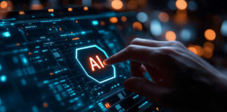 A hand interacting with a digital interface displaying AI in bright letters