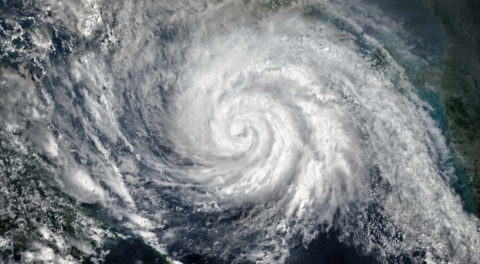 Satellite image of a hurricane swirling over the ocean