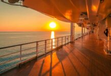 Sunset view from a cruise ship deck overlooking the ocean