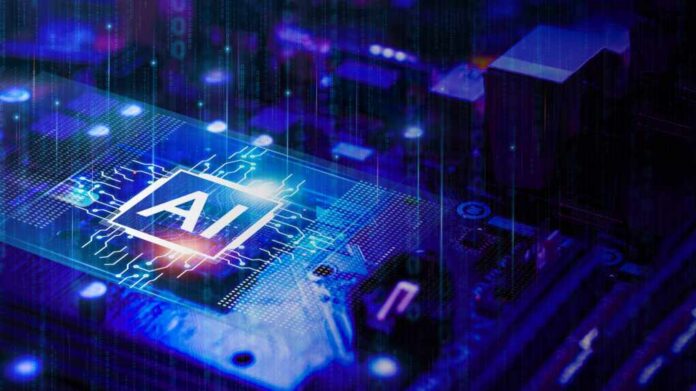 Close-up of a circuit board with an AI symbol and digital effects