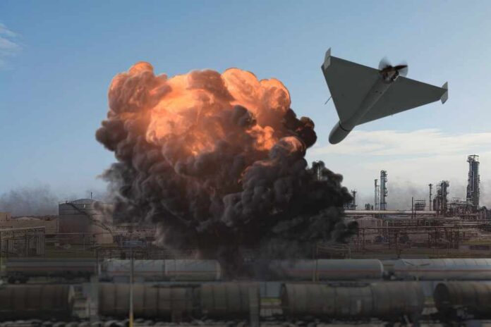 A drone flying above an explosion at an industrial facility