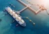 Aerial view of a liquefied natural gas tanker at a port