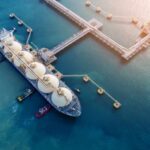 Aerial view of a liquefied natural gas tanker at a port