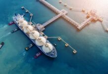 Aerial view of a liquefied natural gas tanker at a port