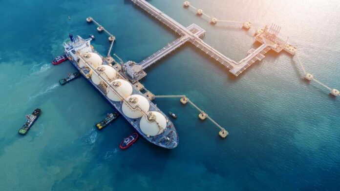 Aerial view of a liquefied natural gas tanker at a port