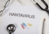 Document titled 'HANTAVIRUS' surrounded by medical tools and paper clips