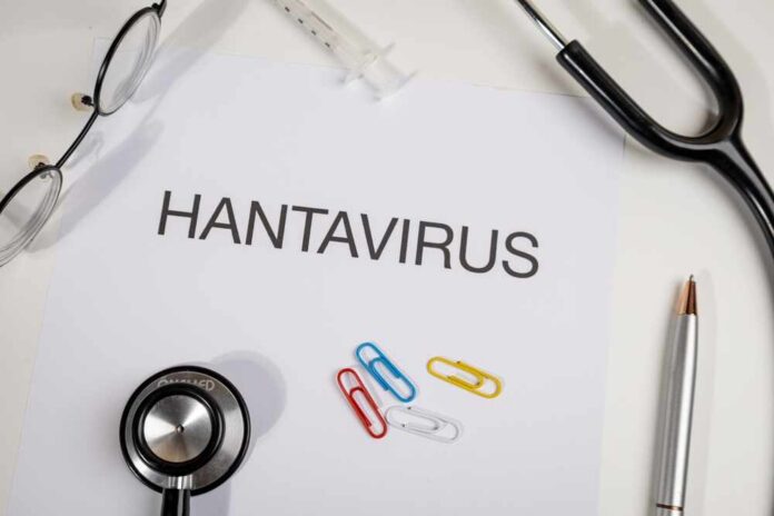 Document titled 'HANTAVIRUS' surrounded by medical tools and paper clips