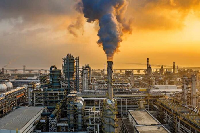 Aerial,View,Of,An,Oil,Refinery,And,Chemical,Plant,With An industrial oil refinery with smoke billowing from a stack at sunset
