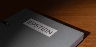 A metallic folder labeled 'EPSTEIN' resting on a wooden surface