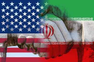 Handshake overlaid with United States and Iran flags