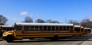 Yellow school buses parked in a lot under a blue sky