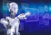 A humanoid robot interacting with a digital interface displaying data and graphs