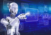 A humanoid robot interacting with a digital interface displaying data and graphs