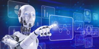 A humanoid robot interacting with a digital interface displaying data and graphs