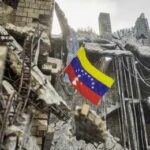Venezuelan flag among ruins of a collapsed concrete building