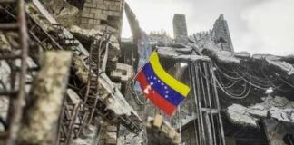 Venezuelan flag among ruins of a collapsed concrete building