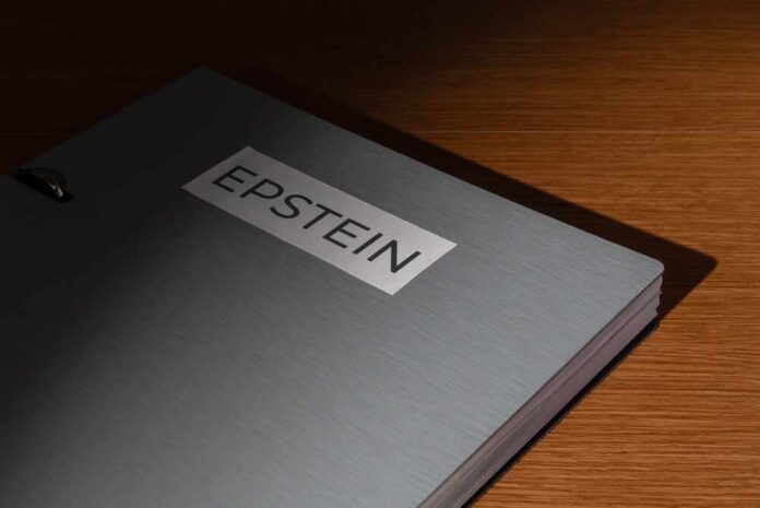 A,File,Folder,Labeled,Epstein,On,A,Wooden,Desk.,Investigations, A metallic folder labeled 'EPSTEIN' resting on a wooden surface