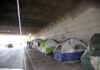 Tents lined up under a concrete overpass