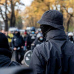 Rubio’s Terror Pivot Sparks Data Uproar A crowd of masked individuals facing law enforcement in an autumn setting